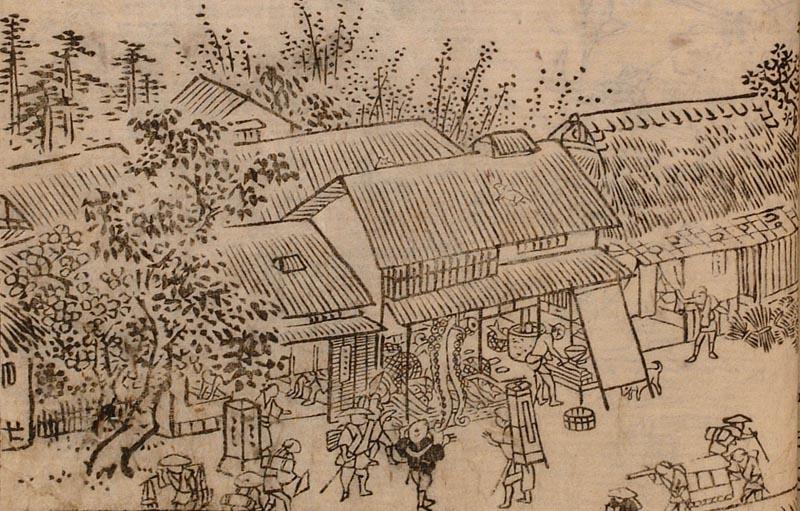 民家の軒先に大きな蛸の足が吊るされている絵